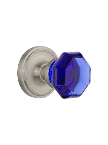 Classic Rosette Door Set with Colored Waldorf Crystal Glass Knobs Cobalt Blue in Satin Nickel.
